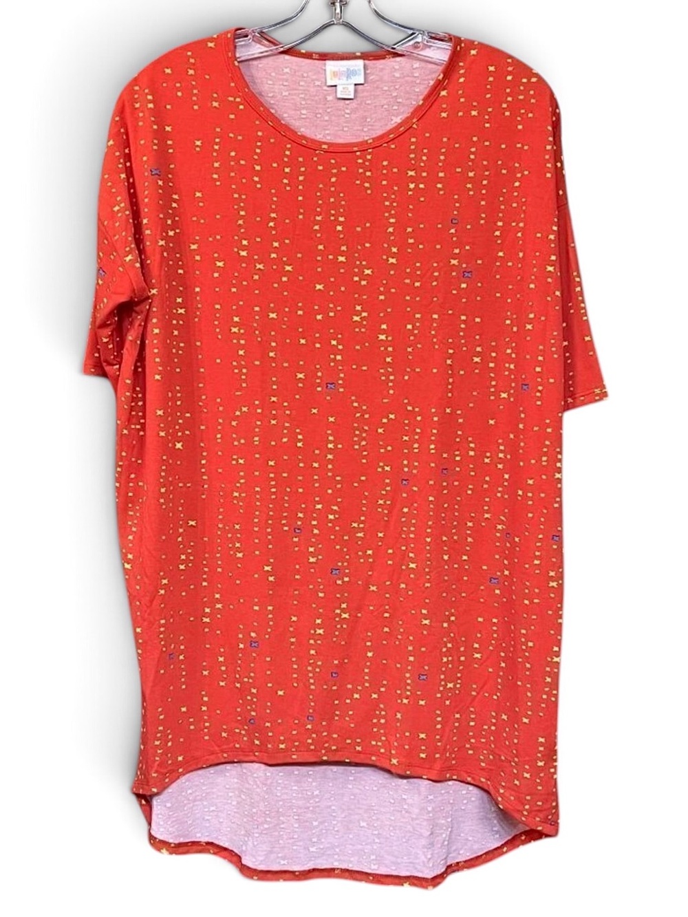 LuLaRoe Irma Tunic Top XS NWT Red Gold Abstract Print Hi-Low Hem